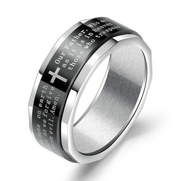 

groove rings black stainless steel bible cross rings for men charm male jewelry band rings, Silver