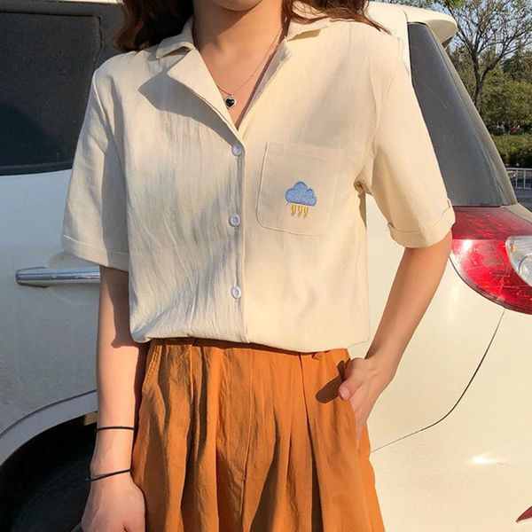 

fashion women kawaii lapel female summer t shirt weather embroidery pocket short sleeve loose t sshirt streetwear, White