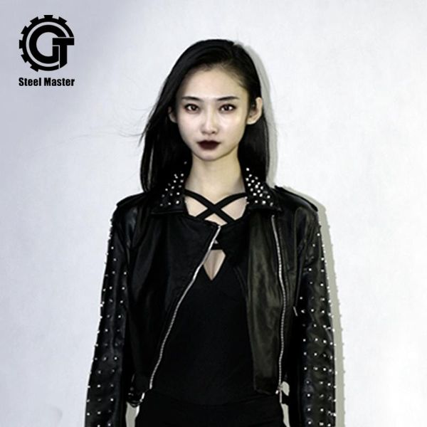 

women's jackets 2021 pu leather jacket slim beaded punk lapel, Black;brown