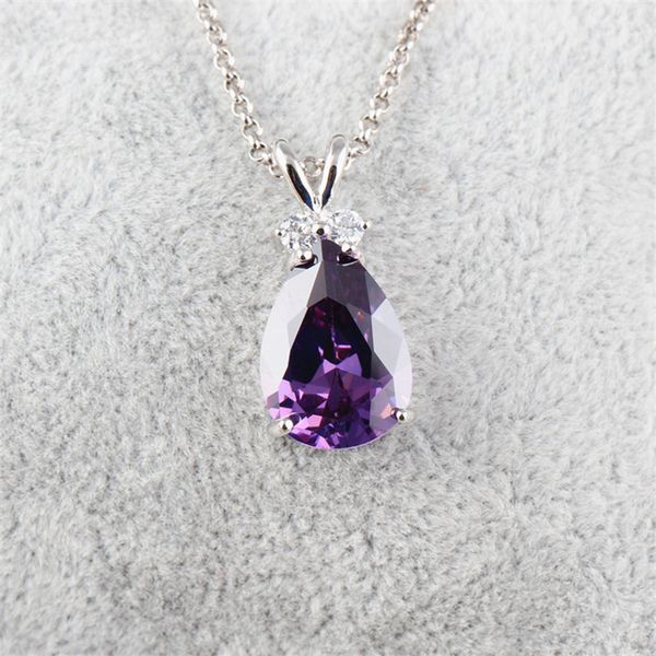

fashion zircon stone necklace fashion jewelry crystal zirconteardrop pendant necklace purple pink green for women design jewelry, Silver