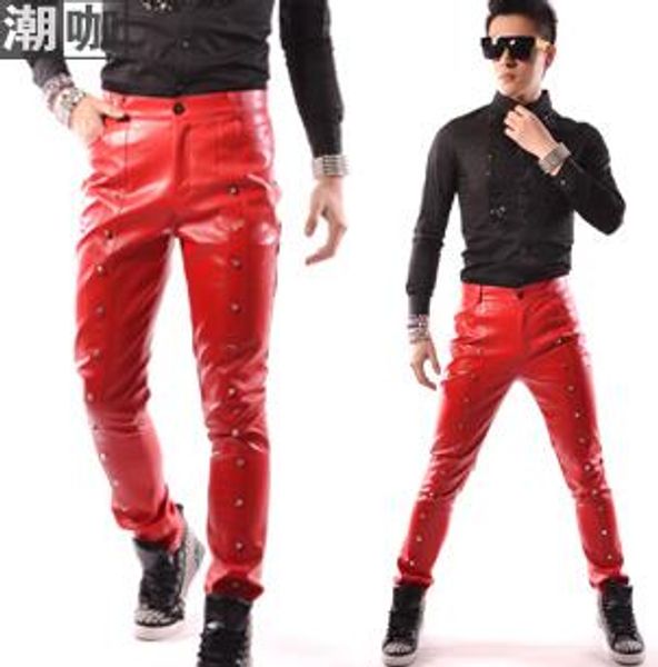 

mens leather pants stage personality red rivet pant men pu trousers singer dance rock fashion pantalon homme street star style, Black
