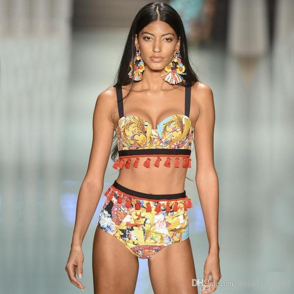 

2019 high waist tassel bikini push up swimwear retro yellow print swimsuit padding bathing suit beachwear maillot de bain, White;black