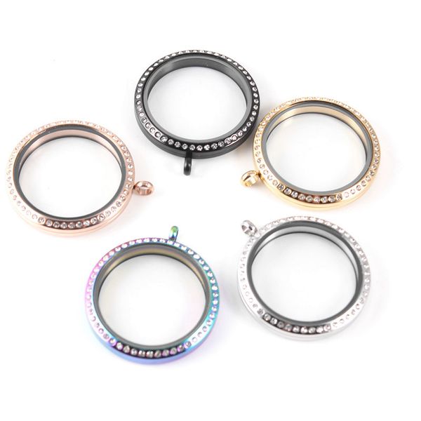 

5 color 30mm stainless steel rhinestone floating locket for floating charm memory lockets pendant for women diy necklace jewelry, Silver