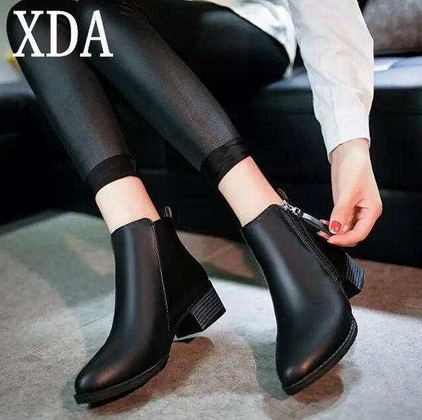 

xda 2019 spring autumn women zipper ankle boots solid european ladies shoes leather fashion boots size 35-40, Black