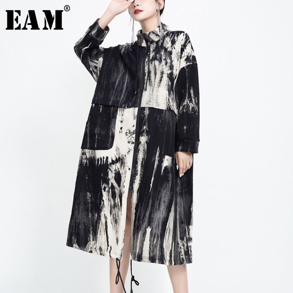 

[eam] loose fit pattern printed big size jacket new stand collar long sleeve women coat fashion tide autumn winter 2019 1h715, Black;brown