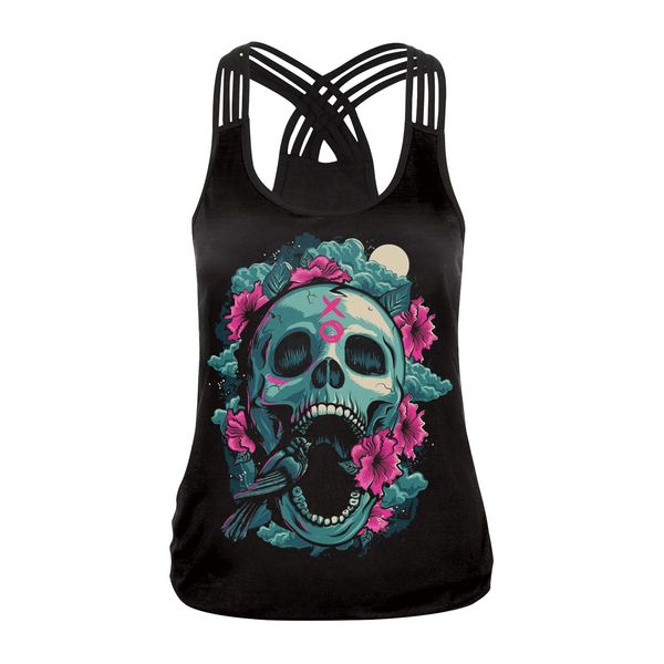 

ты мой secret] 2019 мода хэллоуиной sugar skull rose девушка верхняя часть бака для женщин готика помют рукава жилета, White
