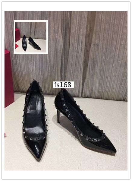 

luxury patent leather women pointed toe studs pumps rivet stiletto high-heeled shoes wedding dress shoes 8.5cm with box, Black