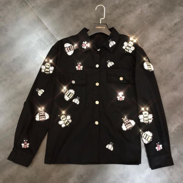 

2019 autumn new bee rhinestone drilling long sleeve black denim jacket, Black;brown