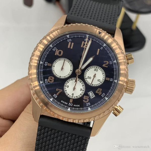 

black dial 1884 soft black rubber strap quartz mens watches 46mm wristwatches watch with seconds hands and working subdials, Slivery;brown