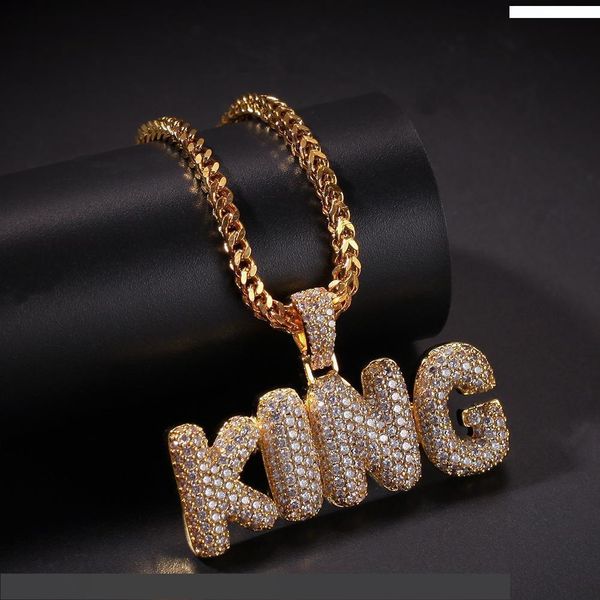 

luxury designer 18k gold hip hop bling bling diamond bubble letters king pendant necklace chain for men cubic zirconia bijoux mens jewelry, Silver