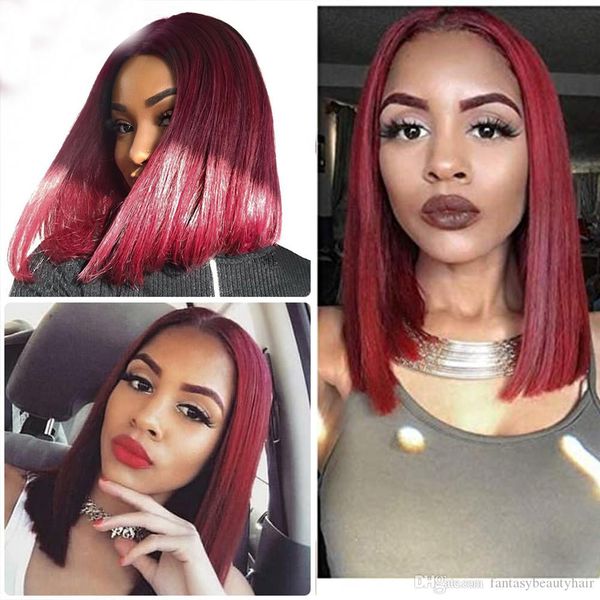 

короткие боб красный шелковистой прямой фронта шнурка человеческих волос парики preplucked 99j remy бордовый парик полный парик шнурка с реб, Black