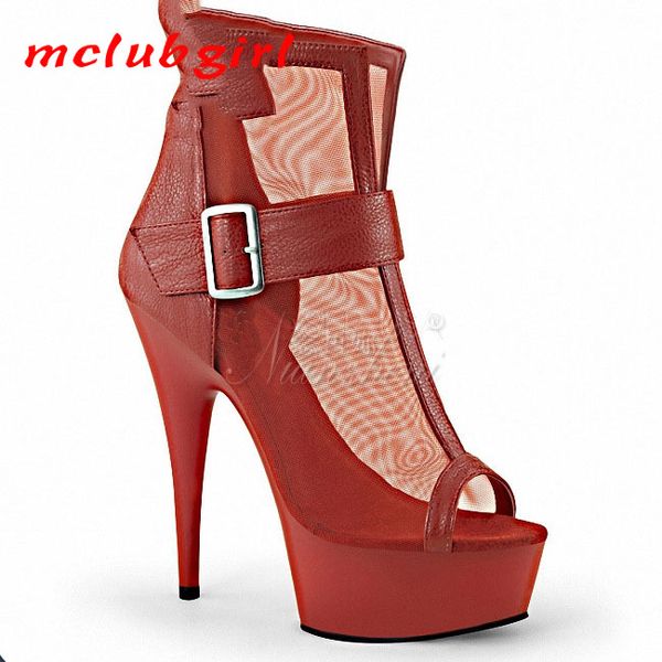 

mclubgirl summer 2020 breathable comfortable heel 15 cm low-barrel short boots fishmouth thin-heeled women's shoes lyp, Black