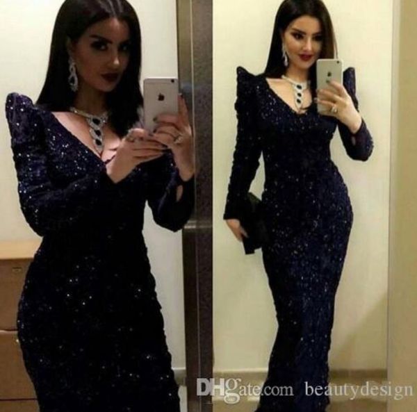 

modest black lace sequined evening dresses v neck long sleeve prom dress 2020 vestido de festa plus size bc2960, Black;red