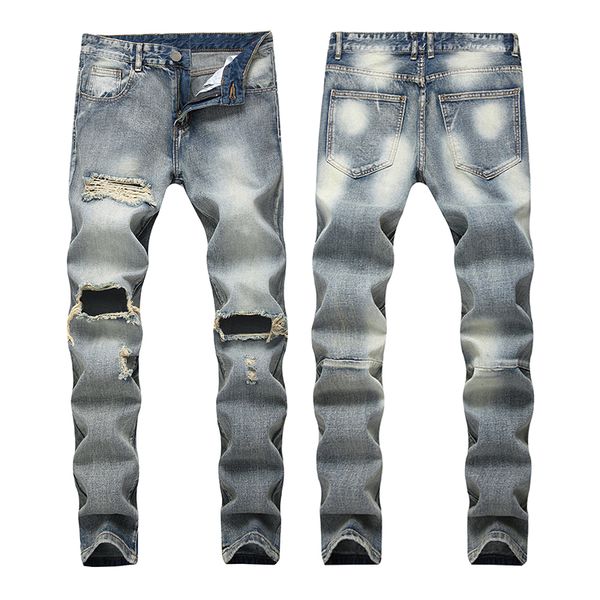 

new retro hole in the knee straight jeans han edition men's casual pants of the cultivate one's morality nostalgia, Blue