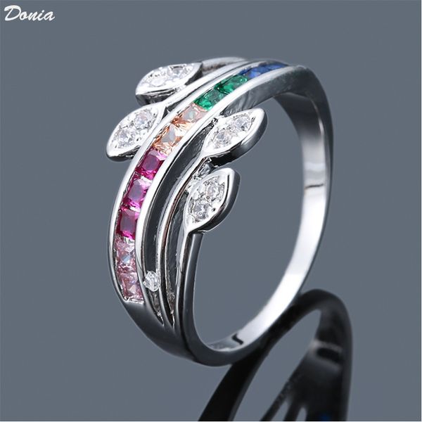 

donia jewelry fashion rainbow series explosion ring personality pattern copper micro set zircon leaf rainbow ring gift, Silver