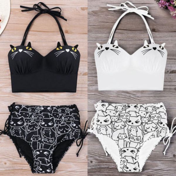 

new women retro swimsuit high waist swimsuit bandage halter bikini set cartoon cat print bathing suit high waist beachwear 2018, White;black