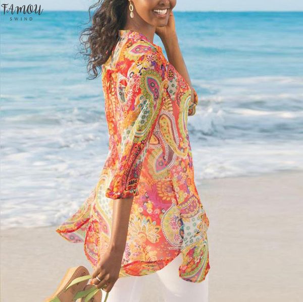 

women blouse beach shirt plus size print flower loose daily beach wear women swimsuit cover up y20, White
