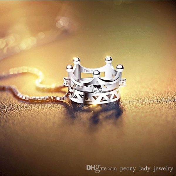 

925 sterling silver diamante hollow charm crystal crown pendant necklace jewelry 5935