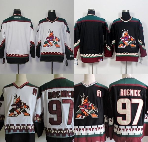 

mens phoenix coyotes 97 jeremy roenick vintage jersey 100% stitched arizona black classic white 1998 ccm retro hockey jerseys, Black;red