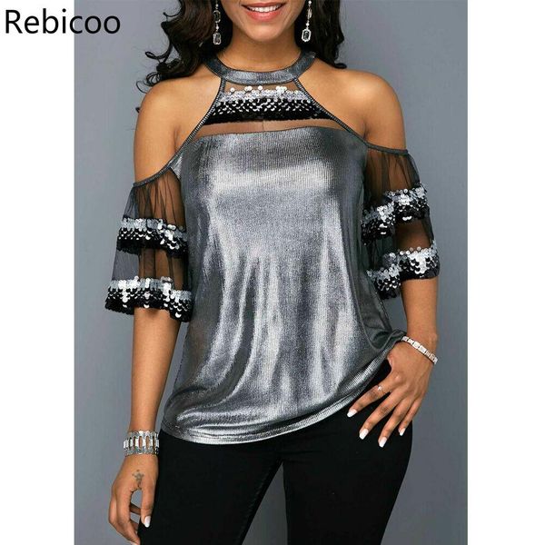 

women summer blouse half sleeve sequined bling cold shoulder shirt clothing party clubwear solid soft clothes, White