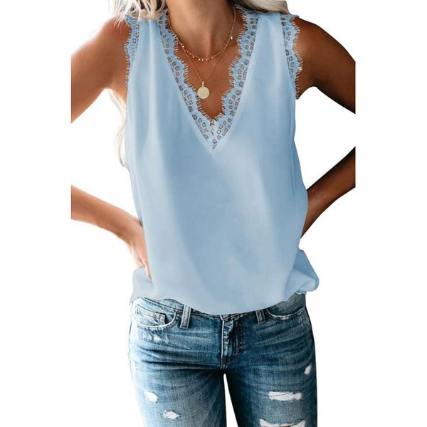 

2020 женщина блузки повседневные топы для женщин summer sky blue рукавов ресницы кружева v шеи верхней части бака, White