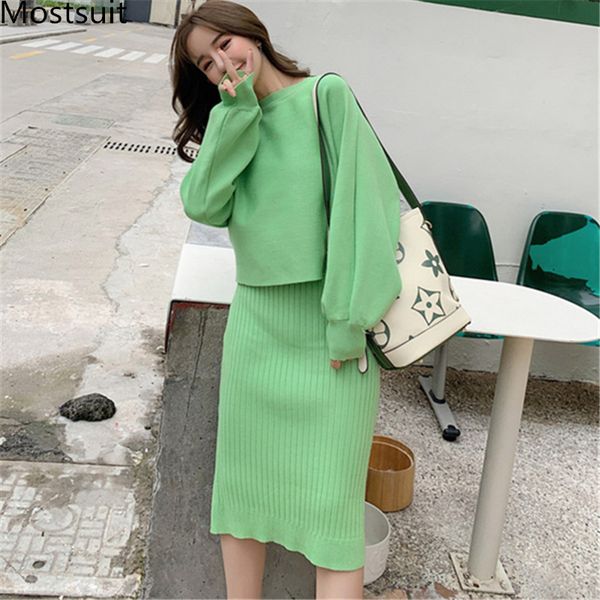 

2019 autumn green knitted 2 piece sets women long sleeve and sleeveless dress suits casual fashion 2 pcs sets femme, White