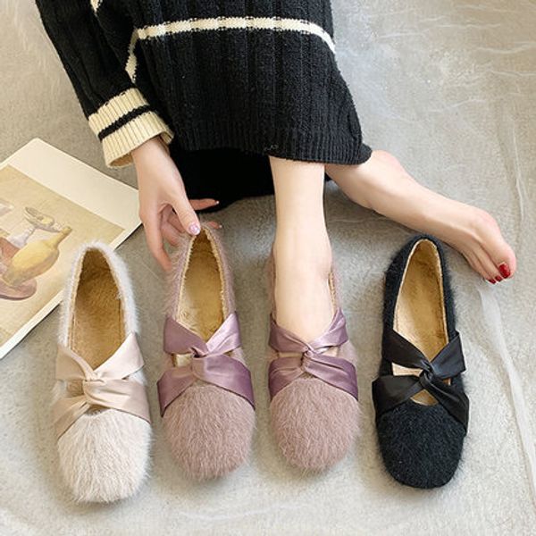 

hairy single shoes female 2019 autumn new fairy wind korean version of the wild square head shallow mouth grandma shoes, Black