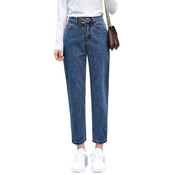 

women's pants 2020 new high waist loose loose was thin eight minutes nine points double buckle wide leg dad pants, Blue