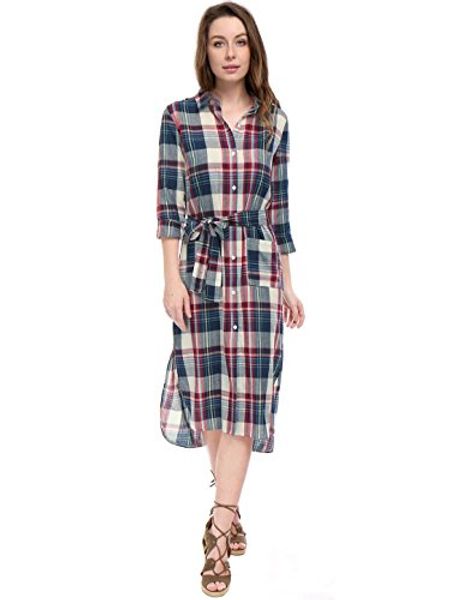 

allegra k women's plaid hi-lo hem side slits belted midi shirt dress, Black;gray