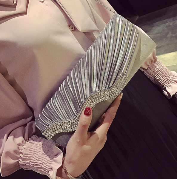 

new fashion women satin diamante pleated crystal evening handbag wedding bridal party clutch purse