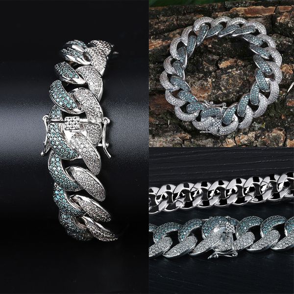 

new fashion 18mm white gold full cz cubic zirconia mens jade green hip hop cuban link chain bracelet miami rapper jewelry gifts for boys, Black