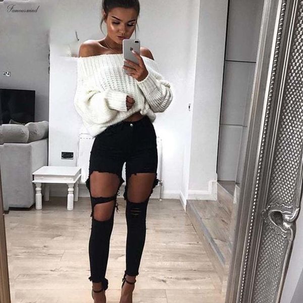 

плеча свитер фонарики рукав белой весна свитер пуловеры женщина с коротким рукавом 2019 повседневного свитер женской одежды вытащите femme, White;black