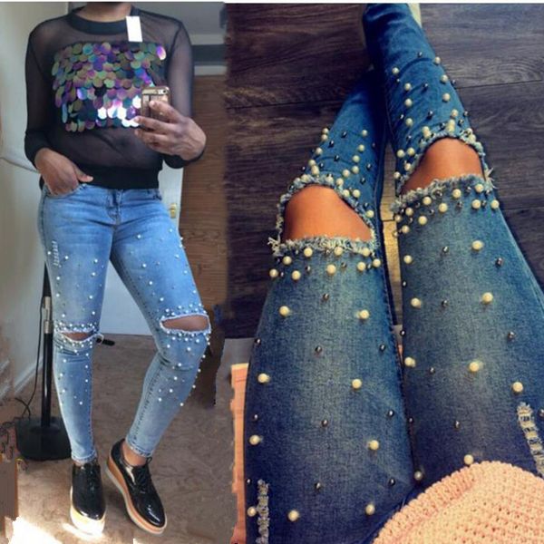 

women fashion destroyed hole ripped blue jeans pearled slim denim pants boyfriend jeans 2018 new ladies daily casual trousers
