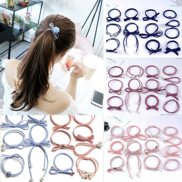 

2019 new 12pcs women girl elastic rubber hair ties band rope ponytail holder resilience 8 style, Slivery;white