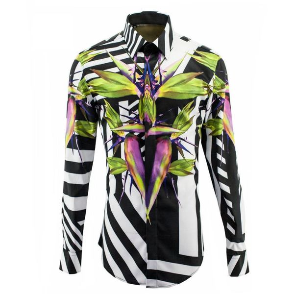 

wind new bird of paradise stripes brand shirt male long sleeve male shirt men's, White;black
