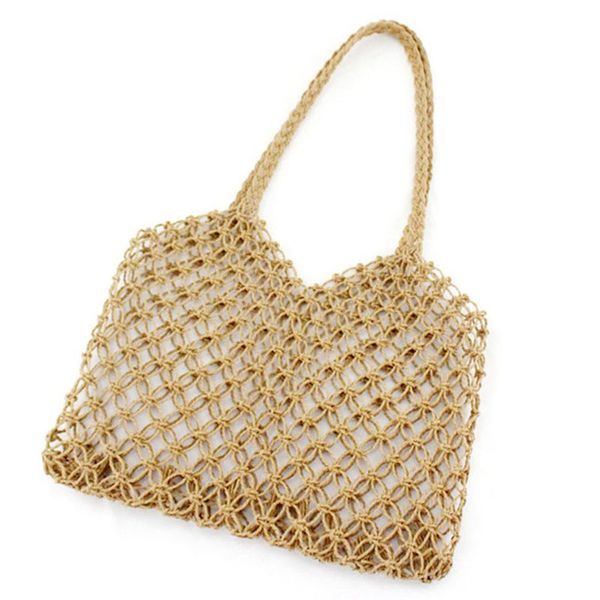 

new hand-woven hollowwork straw bag paper rope grid without lining women beach bag(brown