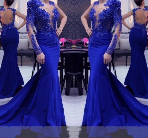 

aa02 long evening gowns 2019 mermaid one shoulder long sleeves beads backless royal blue formal evening dress party gown prom robe de soiree, Black;red