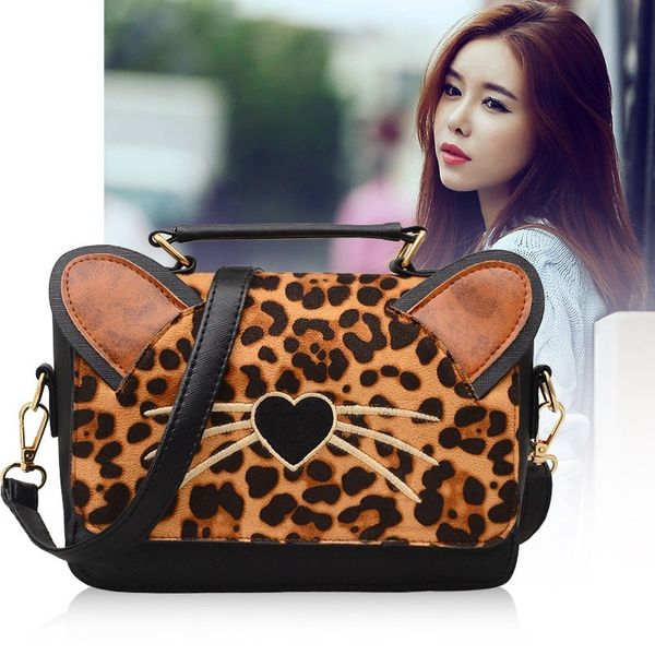 

new ladies fashion leopard cat ears peach heart bag ladies personality shoulder bag wild diagonal retro small square