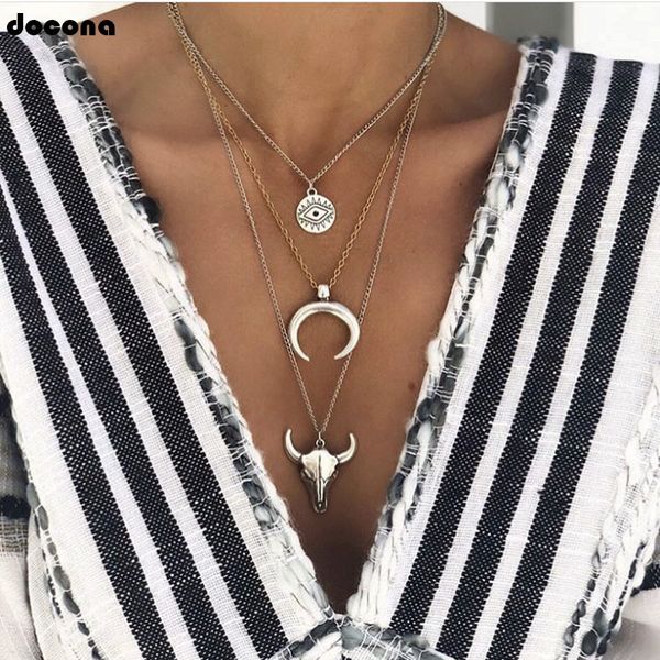 

vintage silver color eye moon bull head multi layer necklace for women geometric layered necklace collares c18107