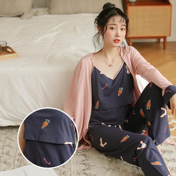 

3pcs/set sweet printed cotton maternity nursing pajamas suit autumn feeding sleepwear for pregnant women pregnancy nightwear set, White