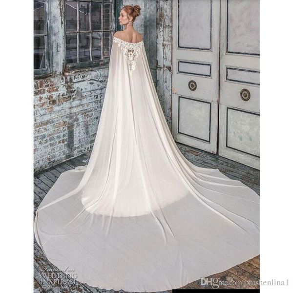 Beyaz Şifon Uzun Gelin Sarar Omuz Dantel Düğün Şalları Boleros Gelin Ceketler Gelinlik için Pelerinler Gelinlikler245b