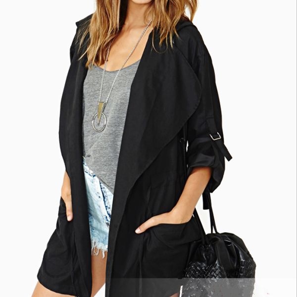 

windbreaker women turn-down collar long sleeve drawstring casual slim coat office solid long jacket 2020 women, Tan;black