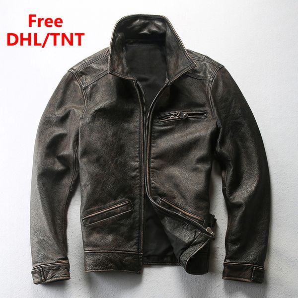 

vintage cowhide leather jackets male designer motorcycle biker coat 100% genuine leather jacket male dhl fast shipping, Black