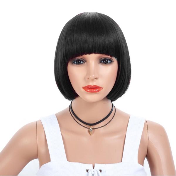 

synthetic wigs bob with bangs natural black for women heat resistant fiber short straight maisi wig