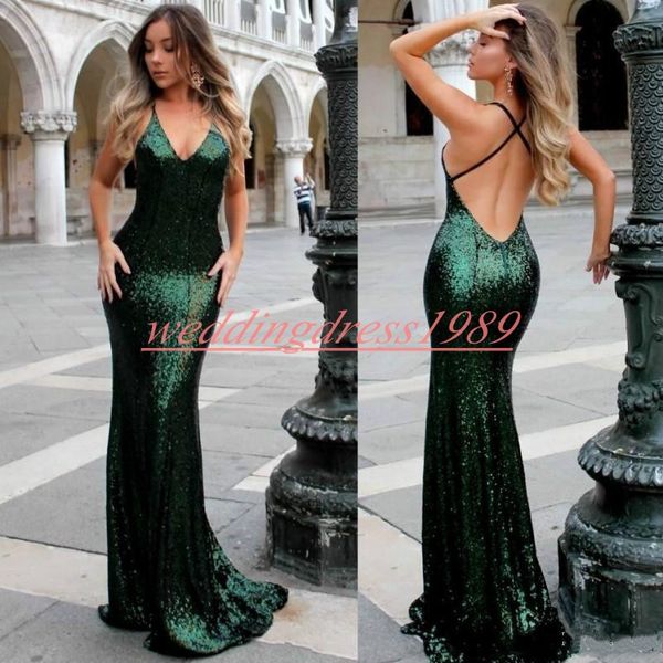 Sexy Pailletten Meerjungfrau Prom Kleider Rückenless ärmellose Junioren Bling Long Party Kleider Robe de Soir￩e Cocktail Club Abend