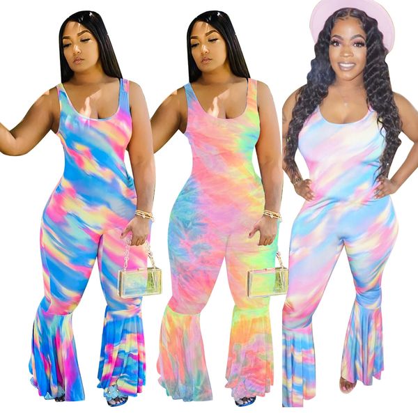 

women's sleeveless colorful tie dye print casual jumpsuit rompers ruffle flare hem long pants jumpsuit, Black;white