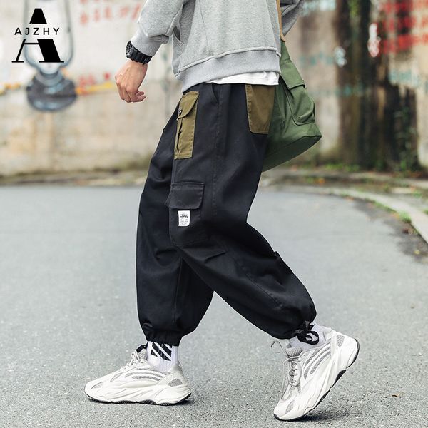 

2020 pockets cargo pants men color patchwork casual jogger fashion tactical trousers tide harajuku streetwear harem pants mens, Black