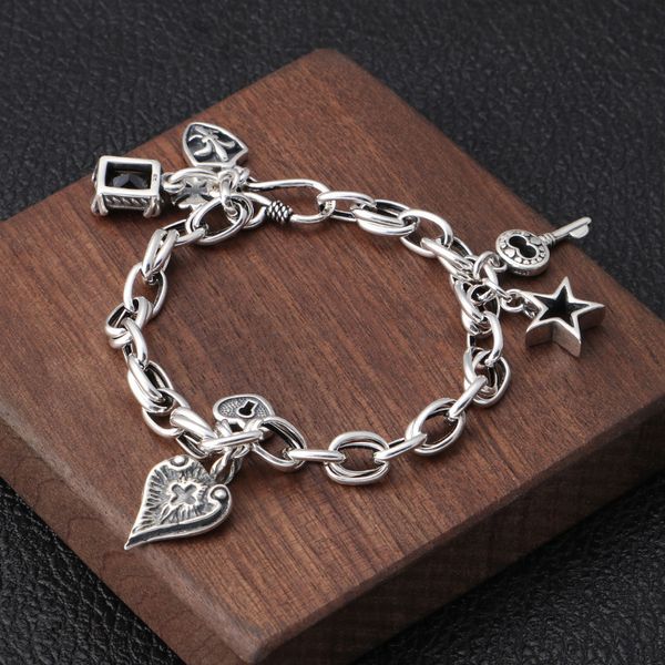 

pentagram s925 pure silver ornaments thai silver keys bracelet for men and women personality contracted gift, Golden;silver
