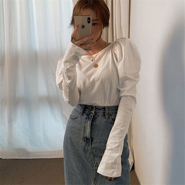 

alien kitty 2020 solid summer chic tees casual all-match vintage girls leisure puff-sleeved t-shirt women loose basic, White