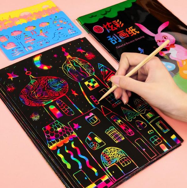 

magic color rainbow scratch art paper card set with graffiti stencil for drawing stick diy art painting toy kids gift gyh